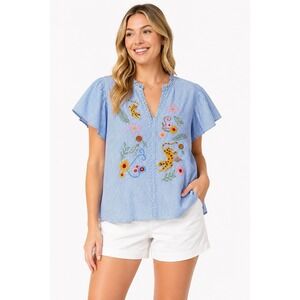 Umgee Size L Embroidered Boxy Top 100% Cotton Tiger Boho Coastal Cottagecore EUC